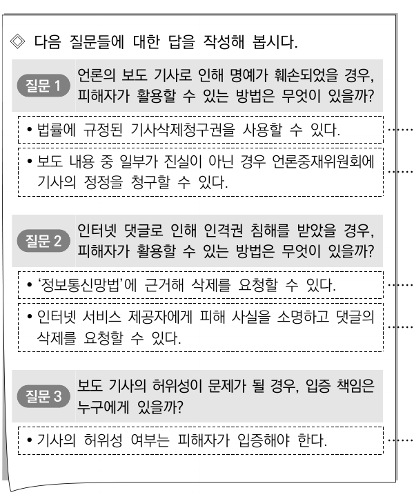 언론 보도에 의한 명예훼손, 인터넷 댓글에 의한 인격권 침해, 보도 기사의 허위성 입증 책임을 세 질문으로 제시하고 기사 정정·삭제 요청과 피해 사실 소명 등의 답안을 적은 활동지